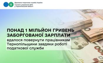 Понад 1 млн грн заборгованої зарплати вдалося повернути працівникам Тернопільщини завдяки роботі податкової служби