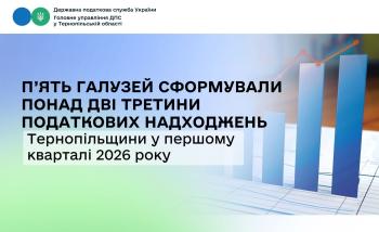 П’ять галузей сформували понад дві третини податкових надходжень Тернопільщини у першому кварталі 2026 року
